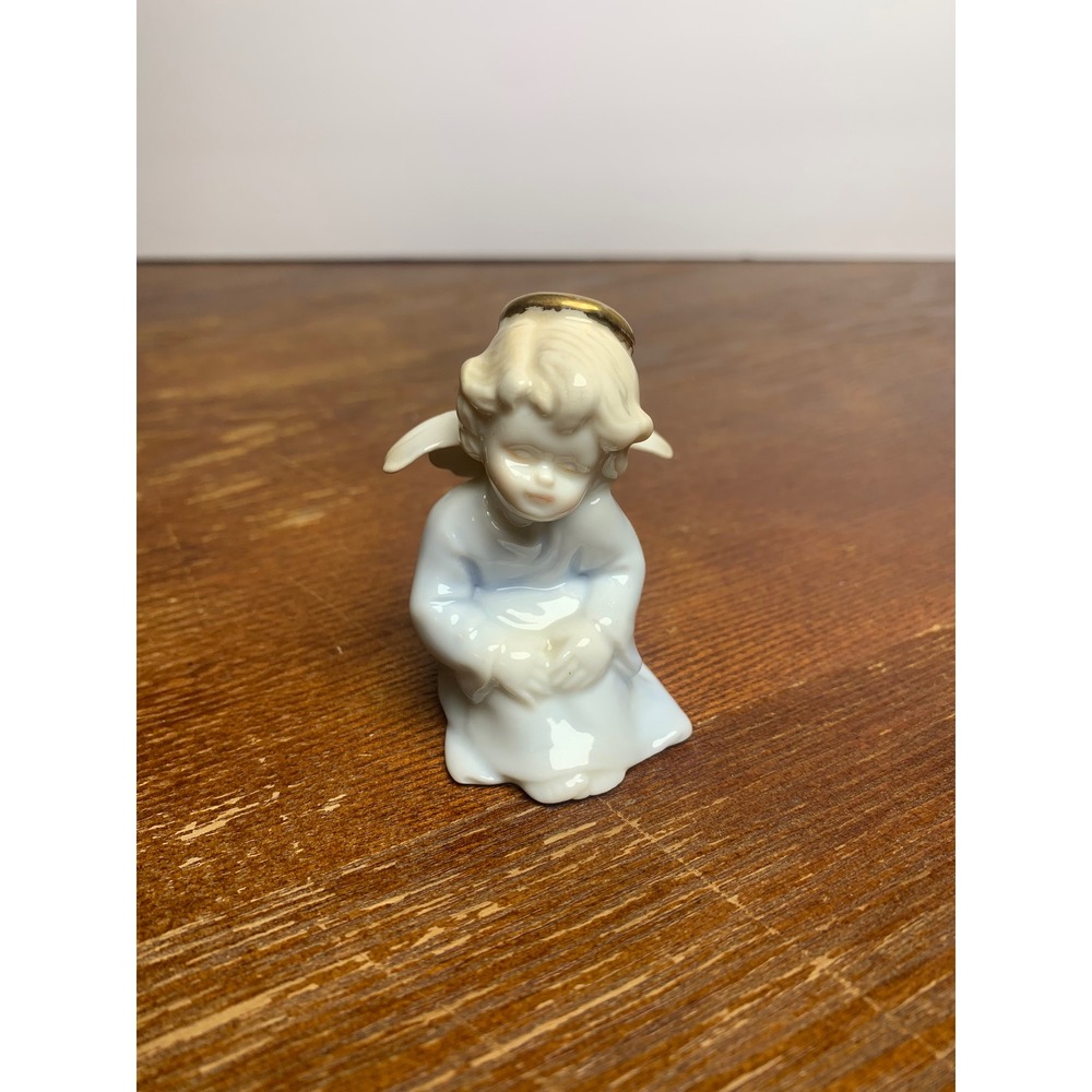 Vintage Russ Berrie Porcelain Kneeling Angel Figurine Gold Halo Blue White 17179